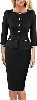 [VFSHOW] Womens Square Neck Buttons Peplum Cocktail Party Work Office Business Bodycon Pencil Dress