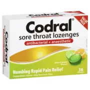 Codral DuoRelief Sore Throat Lozenges Antibacterial Anaesthetic Lemon Lime 36 Pk