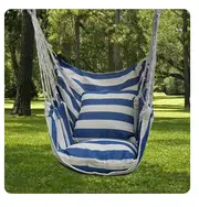 Easy To Install Sturdy Cotton Canvas Hammock Chair - Portable Swing for Outdoor Use, Comfortable and Durable Striped Fabric Blue And White