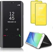 [TiHen] Compatible for Case Samsung Galaxy M14 5G Mirror Case, 360 Degrees Protective Slim Fit Electroplate Standing Case PC Flip Cover + Tempered Glass Film with Kickstand-Black