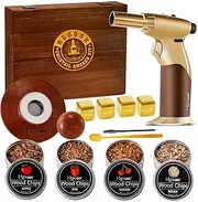 Hgsoor Cocktail Smoker Kit with Torch - Bourbon Whiskey 4 Flavors Wood Chips Ice Cubes,Old Fashioned Kit,Drink Infuser Kit,Bourbon Gifts for Men,Dad,Husband (No Butane), Gold