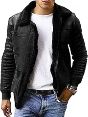 [Generic] Men's Winter Sherpa Fleece Lined Leather Jackets Thick Thermal Cotton Warm Coat Trucker Fur Collar Leather Jacket