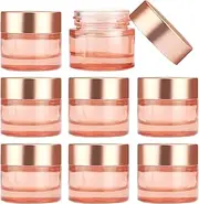 8 Pack 0.33 oz/10g Pink Glass Cream Jar,Face Lotion Jar Pot,Empty Refillable Glass Cosmetic Cream Bottle Container With Rose-Golden Cover,Inner Liners for Moisturizer,Eyeshadow,Makeup Emulsion