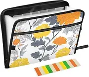 Quteprint 13 Pockets Expanding File Folder with Zipper Closure, Chrysanthemum Flower Patterns Accordion File Folder with Sticky Labels, Letter Size A4 Papers Expandable File Document Organizer