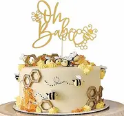 Bee Oh Babee Cake Toppers - Gold Glitter Bumble Bee Oh Baby Cake Topper, Bee Themed Baby Shower/Gender Reveal Cake Decoration