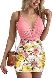 [SHINsuke] Women Summer 2 Piece Floral Slip Top Strap Mini Dress Sexy V Neck Bodycon Ruched Smocked Pencil Sheath Dress Holiday Party