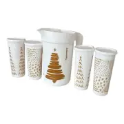 Tupperware Treeful Tidings Pitcher & 4 Tumbler Set White and Gold Christmas New