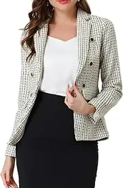 Allegra K Women's Elegant Plaid Jacket Long Sleeve Open Front Tweed Blazer