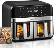9L(9.5 Quart) Dual Basket Air Fryer with Easy View Windows, Reemix Air Fryer Oven With 8 Program Settings, Auto Shutoff, 2 Independent Work 4.5L Nonstick Frying Baskets, Black+Silver