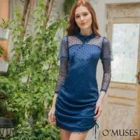 在飛比找momo購物網優惠-【OMUSES】蕾絲點點貼身藍色旗袍短洋裝17-6928(S