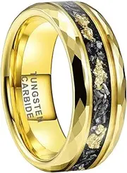 [TUTISS] 8mm Silver/Black/Gold Tungsten Rings for Men Women Meteorite Chip Gold Foil Inlay Promise Engagement Wedding Band Faceted Edges Polished Comfort Fit