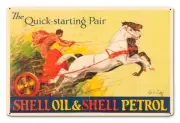 SHELL OIL MAN IN CHARIOT HORSES 18" HEAVY DUTY USA MADE METAL ADVERTISING SIGN