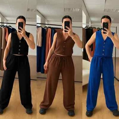 Ladies V Neck Co-Ord Waffle Knit Waistcoat & Wide Leg Trousers Lounge Suit Set