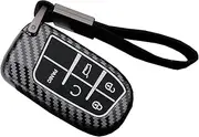 5 Buttons Carbon Fiber Style Key Fob Cover Case Fit for Jeep Grand Cherokee Renegade Chrysler 200 300 Dodge RAM Durango Charger Challenger Journey Dart Fiat Keyless Entry Remote Case Holder (Black)