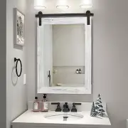 Farmhouse Bathroom Mirror - 30 X 21 Rustic Wood Framed Wall Barn Door Mirror for