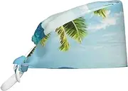 [POCUK] Tropical Palm Tree Hawaii Beach Comfortable Cleaning Work Cap Cooking Catering Chef Kitchen Beanie Adjustable Strap Black, Black, One Size