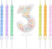 [EAKE] 3 Birthday Candle Pastel with 6 Pcs Rainbow Pearl Candles, 3D Macaron Glitter 3rd Candle Birthday Girl Women 3 Years Old Birthday Wedding Anniversary Party Cake Decoration