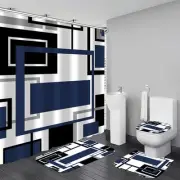 4 Pcs Blue Geometric Shower Curtain Sets with 12 Hooks Non-Slip Rugs U-Shaped...