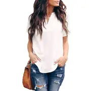 Nevenka Women V Neck Chiffon Blouse Short Sleeve Summer Casual Loose Shirt Tops-White-9093