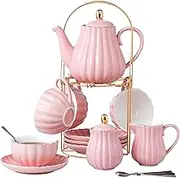 CLAY TONIC- 8 OZ Fine China Purple Coffee Cup/Teacup Set, Cups & Saucer, with Teapot-Sugar Bowl-Cream Pitcher Teaspoons and Tea Strainer for Tea/Coffee,17-Pieces- Service for 4 (Pink)
