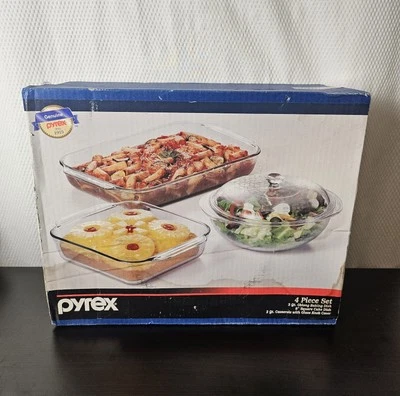 VTG Pyrex 4 Pc. Set 3qt. Baking Dish Cake Dish 2qt. Casserole W/ Lid NIB 1999