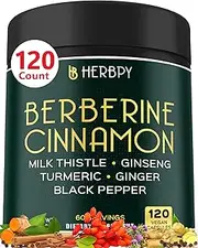 Berberine with Ceylon Cinnamon for Digestion, Heart Health & Immune - 7in1 with Premium Ginseng, Turmeric Curcumin, Ginger & Black Pepper - 120 Vegan Capsules