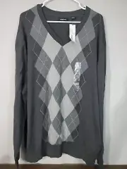 Claiborne Men's Size 2XL Pullover Sweater Argyle Diamond V-Neck Long Sleeve