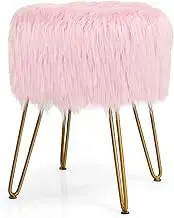 Giantex Luxury Faux Fur Vanity Stool Chair, Round Footstool Ottoman w/Metal Legs, Fluffy Chair with Furry Padded Seat, Decorative Furniture Footrest, Accent Dressing Table Chair Makeup Stool (Pink)