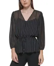 DKNY Women's Printed Peplum Top With Cami (Black/Ivory, Large)