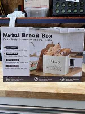 Navy Blue Bread Box For Kitchen Counter Metal Bread Storage Bin With Wooden Cutt