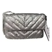 Nicole Miller Silver Sequin Crossbody Bag Chain Strap Convertible Clutch NWT