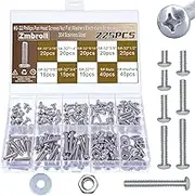 Zmbroll 225Pcs #6-32 Pan Head Machine Screw,304 Stainless Steel Electricians Screw,Fully Machine Thread Screws,Phillips Drive Fastener,Bolts Flat Washers and Nuts Assortment Kit