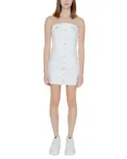 Tommy Hilfiger Jeans Button Front Mini Dress Sleeveless Denim Dress Women White