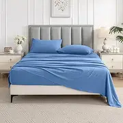 100% Cotton Bed Sheet Set - Queen Size 4PCS (1 Flat Sheet, 1 Fitted Sheet, 2 Pillowcases) - Soft & Breathable, 200 0TC, Luxury Quality Bedding 40cm Deep Pocket for All Seasons (Ocean,Queen)