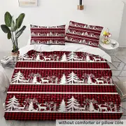 c158 3pcs Merry Christmas Duvet Cover Set, Plaid Christmas Tree Elk Print Rustic Style Bedding Set, Soft Comfortable Duvet Cover ee158