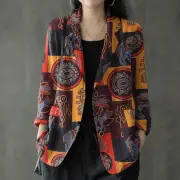 ZANZEA Womens Ethnic Prints Blazer Vacation Thin Suit Coat Retro Lapel Cotton Linen Printing Long Sleeve Blazer