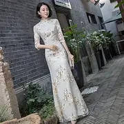 [SMDSAZ] Women Exquisite Flower Embroidery Novelty Cheongsam Sexy Slim Elegant Qipao Champagne Temperament Long Chinese Mermaid Dress (Color : Champagne, Size : XXL)