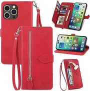 Monwutong Zipper Storage Design Wallet Case for iPhone 14 Pro Max, Skin Friendly Feel Leather Case with Magnetic Clasp and Muliti-Card Slots Holster for iPhone 14 Pro Max (6.7),SZY Red