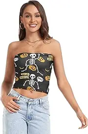 [RPLIFE] Playful Skeletons Black Cropped Tube Top Womens Strapless Top, Mesh Tube Tops, Aesthetic Summer Tops (S)