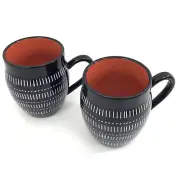 BAUM TANGIER Coffee MUG Cup NAVY White Stripes Dots Orange Interior Set of 2 NEW