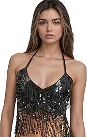 [Greenery-GRE] Womens Belly Dance Sequin Halter Crop Top Fringe Tassel Costume Tank Top Sparkly for Performance Stage Festival Party