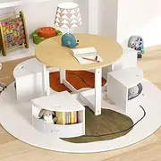 HONEY JOY Kids Table and Chair Set, 5 Piece Toddler Round Nesting Table with 4 Storage Stools for Activity, Play, Art, Read, Craft, Children Activity Desk for Playroom, Classroom, Nursery, Natural