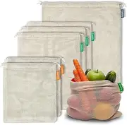 6 Reusable Organic Cotton Produce Bags - Bulk Pack of 6 Mesh | Eco Friendly | Double-Stitched & Tare Weigh & Drawstring | Fruits & Vegetable Bag | Machine Washable | LIGHTWEIGHT | 3 sizes (2S, 3M, 1L)