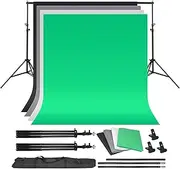 Photography Studio Background Stand Support System with 5.2 x 10ft Backdrop (White,Black,Gray, Green Screen)+ 6.6 x 6.6ft Background Stand for Portrait, Product Photography and Video Shooting