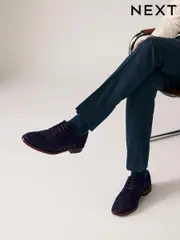 Navy Blue Suede Contrast Sole Derby Shoes (AA7984) | $109