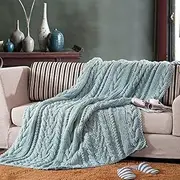 100% Handmade Super Soft Acrylic Knitted Blanket Bedspread Throw Rug Ivory & Silver Blue - Icelandic Wool Feel (Silver Blue)