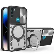 case For Moto G71 5G Slide Camera Lens Protection and Built in 360 Rotatable Ring Holder - Silvery