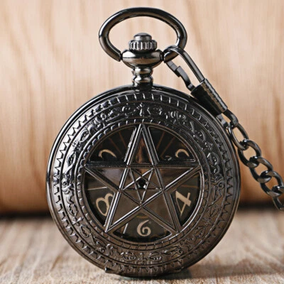 Retro Pocket Watch Black Pentagram Hand Wind Mechanical FOB Chain Half Hunter