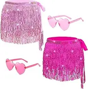 [Domkier] Women's Sequin Fringe Skirt Sparkle Tassel Skirts Belly Dance Hip Scarf for Women Festival Party Rave Costume