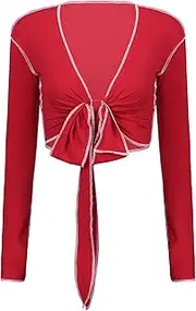 [TSSOE] Womenâ€s Patchwork Crop Top Tshirt Long Sleeve Ribbed Front Tie Up Shrug Bolero 90S E-Girls Clubwear
